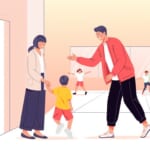 ダンス教室の体験レッスンに来た親子を先生が迎えるイラスト