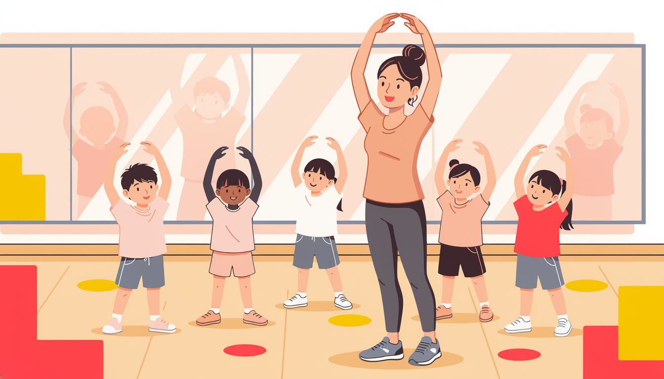 先生と一緒にストレッチをする小学生のクラスのイラスト