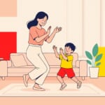 明るいリビングで、母親と小さな子どもが手をたたきながら一緒に踊っているイラスト