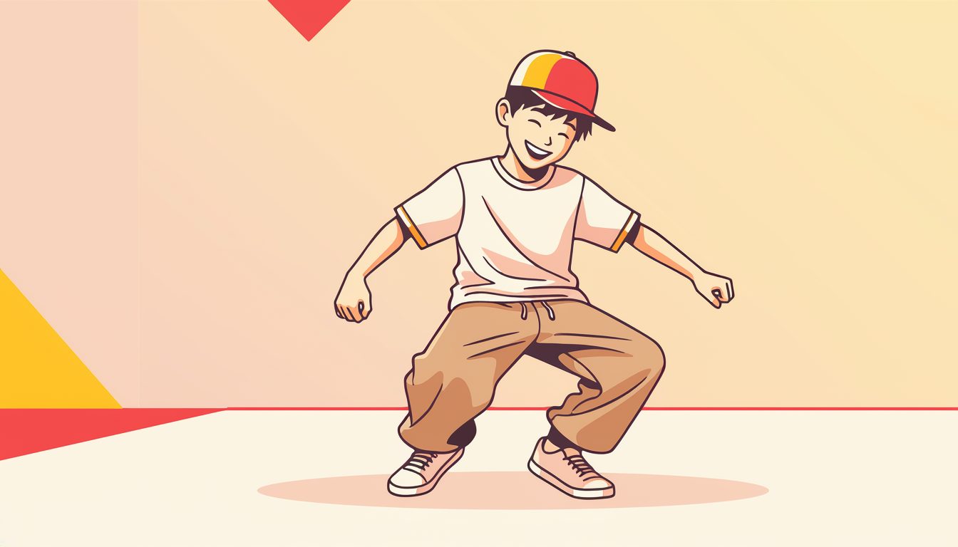 ひざでリズムを取ってヒップホップを踊る男の子のイラスト