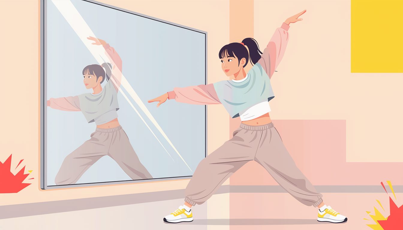 鏡の前でK-POPの振り付けを踊る女の子のイラスト