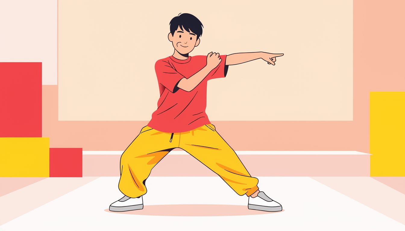 指をさすポーズでロックダンスを踊る男の子のイラスト