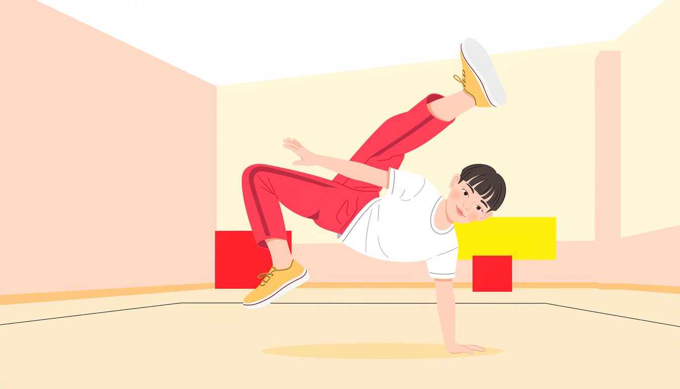 床に手をついてブレイキンの技をする男の子のイラスト