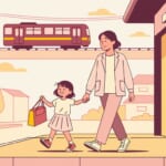 電車が走る街並みを、子どもと保護者が手をつないでダンス教室へ向かって歩くイラスト