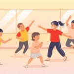 明るいダンススタジオで、いろいろな個性の子どもたちがそれぞれ自由に踊っているイラスト