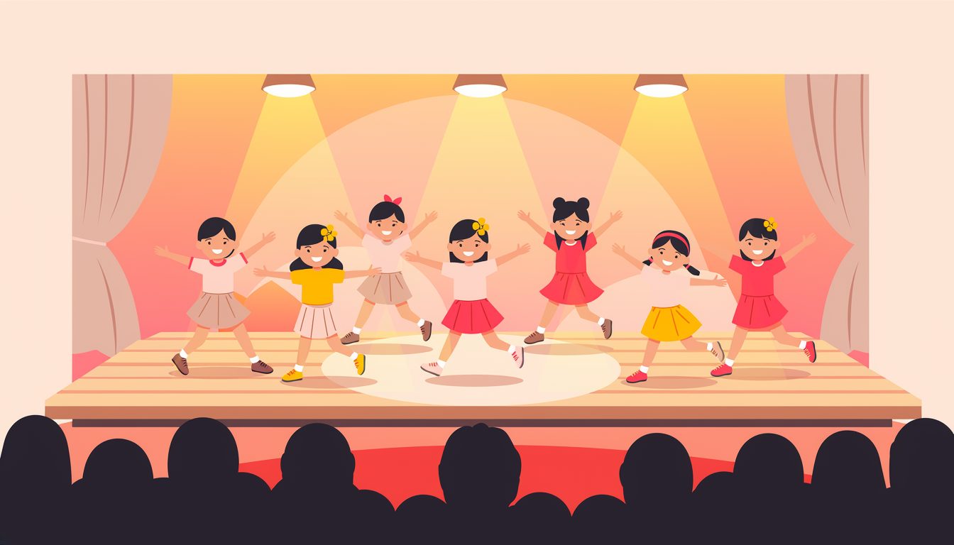 発表会のステージで踊る子どもたちのイラスト
