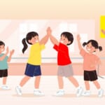 振り付けを踊りきってハイタッチする子どもたちのイラスト