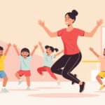 先生の動きをまねして踊る幼児たちのイラスト
