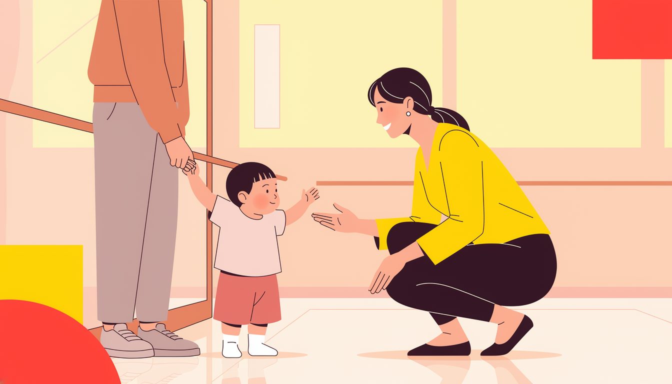 保護者と手をつないで先生にあいさつする小さな子のイラスト