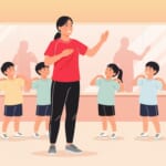 鏡のあるダンススタジオで、先生と子どもたちが肩に手を当ててアイソレーションの練習をしているイラスト